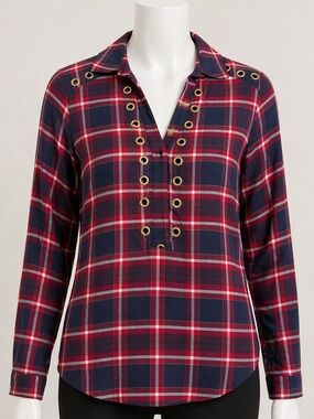 Michael Kors Navy & Red Plaid Button-Down Shirt with Gold Grommet Trim